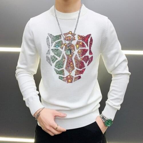 2021 Brand Rhinestone Oversized Mens Sweater Personalized Fashion Round Neck Top Quality Knitted Pullover Thick