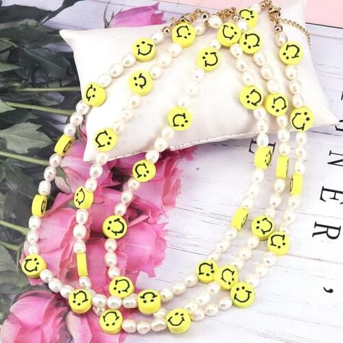 3Pcs 2021 New Arrival Fresh Water Pearl and Clay Smile Face Necklace For Women Fashion Jewelry