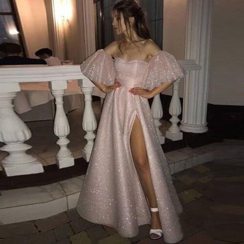 Glitter Tulle Bling Bling Prom Dress Detachable Short Flare Sleeves Floor Length Pale Pink Evening Party Gown