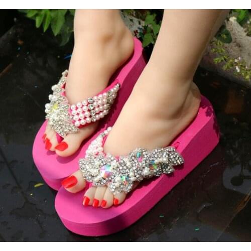HAHAFLOWER bohemia sandals SEXY shiny rhinestones flip flops women wedge platform summer beach slippers shoes women mules