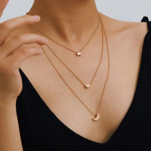 Bohemian Layered Necklaces for Women Gold Color Heart Star Moon Choker Pendant Necklace Trendy Jewelry Gift Collar