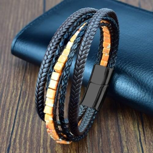 Fashion Braided Multi-layer Genuine Leather Bracelets Men Emperor Stone Rope Stainless Steel Charm Bracelet Women Male Jewelry