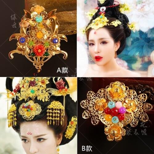 Tang Empress Gorgeous Hair Accessory Middle Top Hair Comb Golden Red Bride Wedding Hair Comb Hanfu Accessory