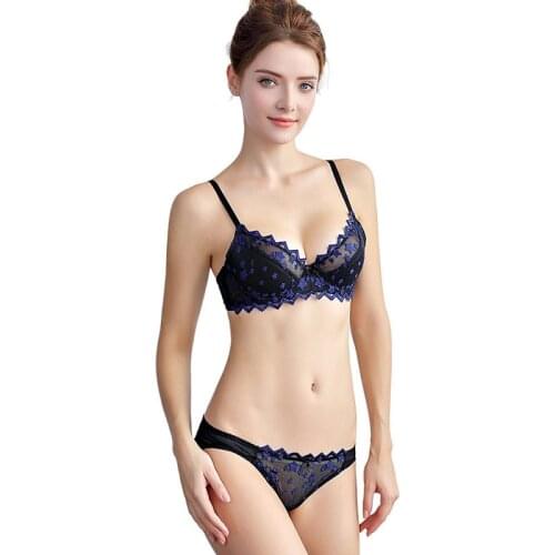 Ultra Thin Cotton Pad Transparent Embroidery 3/4 Steel Rings Cup Girl Lingerie Shaped Breathable Sexy And Charming Women Bra Set