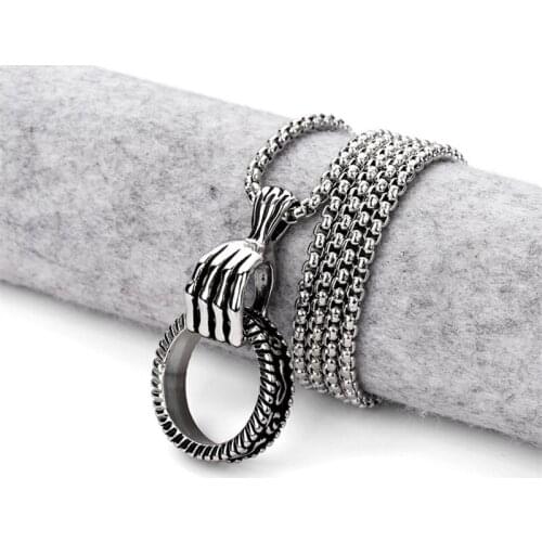 New Personality Fashion Retro Punk Skeleton hand grab Ring Pendant Necklace