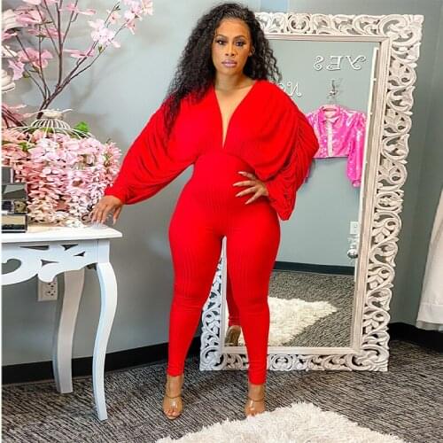 2021 Women Sexy Batwing Sleeve Pleated Stacked Sleeve Deep V Neck Street Jumpsuits Skinny Backless Ribbed Rompers Outfits S-4XL
