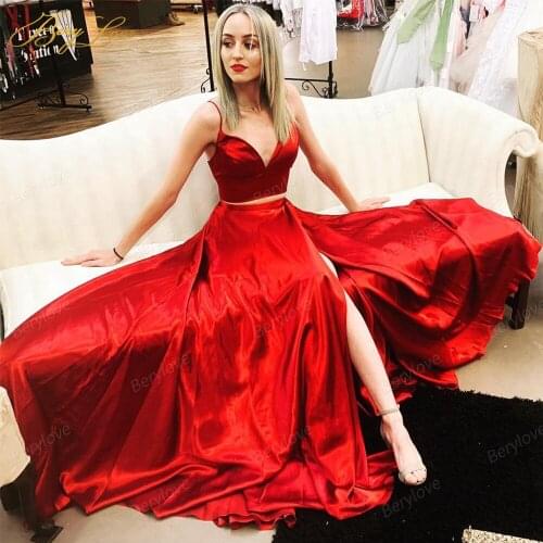 Shiny Satin Prom Dresses Red 2020 Two Pieces A Line Sexy V Neck Party Dress High Slit Long Gown Hot Evening Dress Plus Size