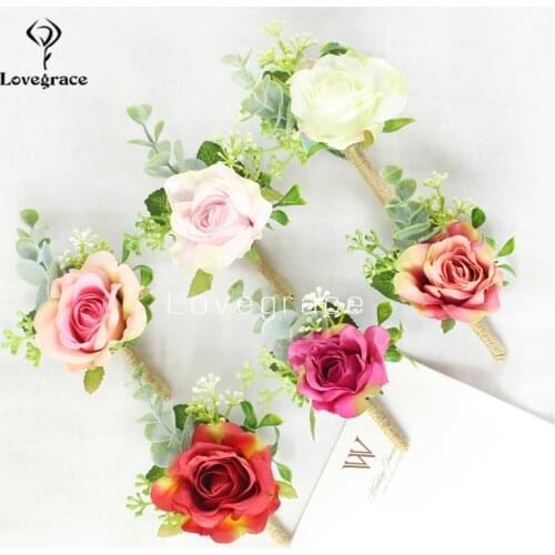 Lovegrace Boutonniere Wedding Bride Wrist Corsage Flower Girl Bracelet White Rose Prom Party Men Buttonhole Decor Women Corsages