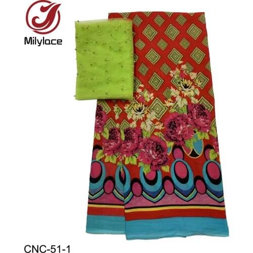 Milylace Floral Printed Cotton Voile Fabric 5 Yards + African Tulle Lace Fabric with Beads 2 Yards for Daily Party CNC-51