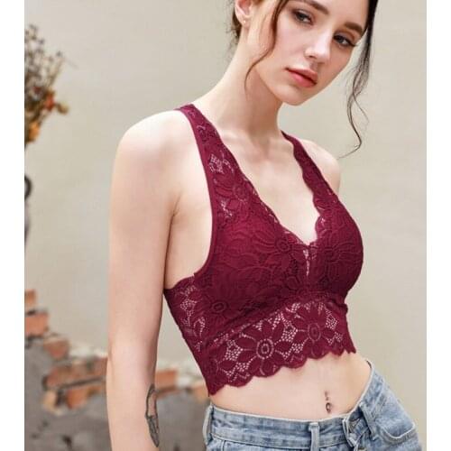 Fashion Female Padded Underwear Lingerie Sexy Floral Bras For Women Lace Bralette Cross Backless Wireless Crop Top