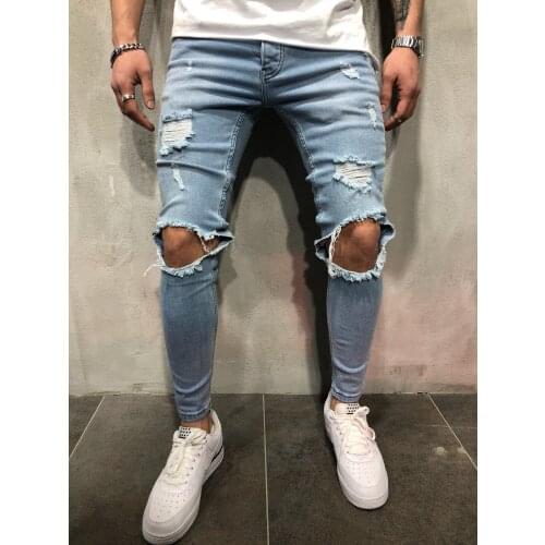 Men ripped casual jeans fashion washed distressed hole stretch slim-fit jeans men solid color denim trousers denim pencil pants