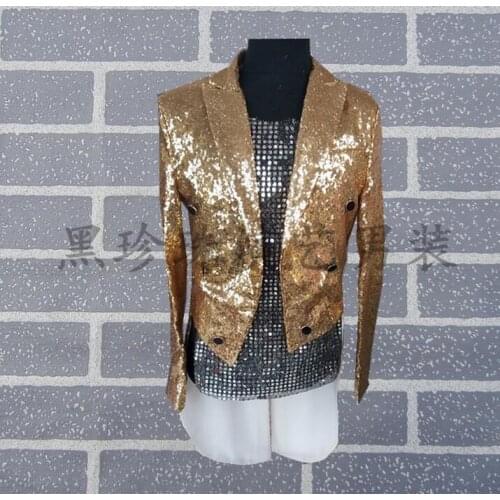 Men Magic Tuxedo Suits Masculino Homme Stage Costumes For Singers Men Sequin Blazer Dance Clothes Jacket Star Style Dress Gold