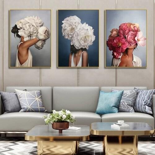 Nordic Flowers Head Woman Canvas Paintings On the Wall Art Posters And Prints Feather Girls Wall Pictures Home Decoration Cuadro