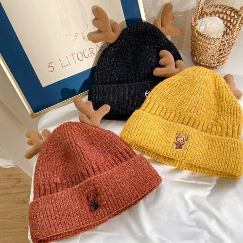 New Men Women Winter Hat Cute Antlers Flanging Cap Stylish Beanie Hat For Men Warm Thick Outdoor Knitted Hat