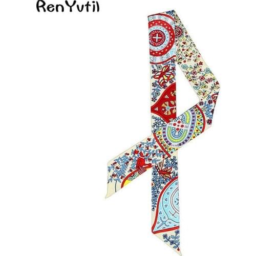 New Design Luxury Brand Silk Ribbon Small Floral Print Women Silk Scarf Handle Bag Ribbons Female Headband Long Scarves & Wraps