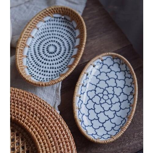 NEW Vietnam Rattan Oval Storage Box Handmade Rattan Porcelain Combination Fruit Dessert Dried Fruit Storage Tray Ins Wind