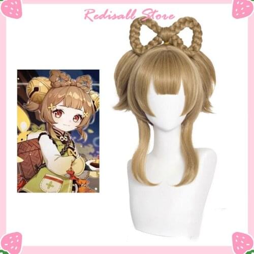 Genshin Impact YAOYAO Cosplay Wig Ponytails Braided Short Hair Brown Heat Resistant Synthetic Christmas Game Role Play Adult