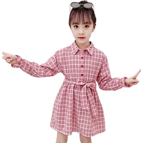 Girl Dress Plaid Pattern Girls Party Dress Kids Sashes Children Spring Autumn Dress Casual Style Childrens Clothing