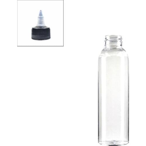 120ml empty cosmo round plastic bottle , clear pet bottle with black Twist Top Caps, pointed mouth top cap