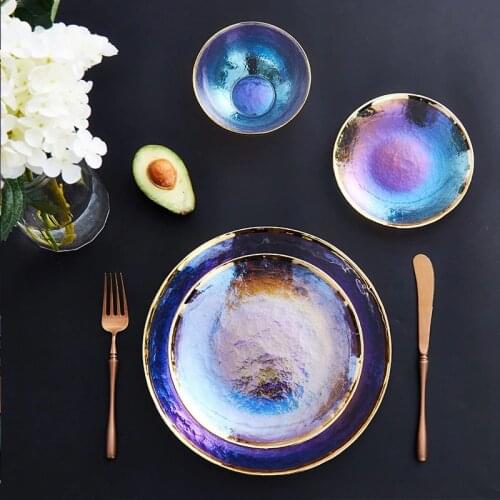 Luxury Rainbow Glass Food Plate Talbleware Dinner Plate set Salad Bowl Fruit Bowls Food Storage Dinnerware Kitchen Party Weeding