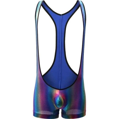 Sexy Men Rainbow Shiny Nylon Bodysuit Jumpsuit Crotch Lingerie Sexy Hot Erotic Mens Fashion Bodysuit perform costume outfit