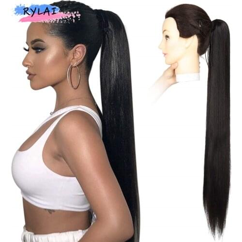 Synthetic Straight Magic Wrap Around Ponytail Clip In Horsetail Wig Extension 28Inch 120g Natural Black Heat Resistant Daily Use
