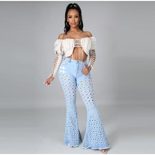 Streetwear Hollow Out Stretchy Ripped Jeans for Women High Waist Zipper Fly Bell Bottom Trouser Streetwear Bodycon Denim Pants