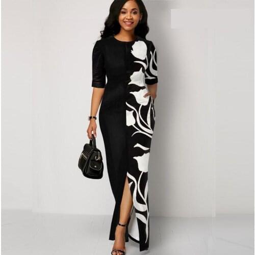 European Style Women Summer Casual Loose Straight Split Half Sleeve Long Dress Vintage O-neck Print Sexy Slim Maxi Dress