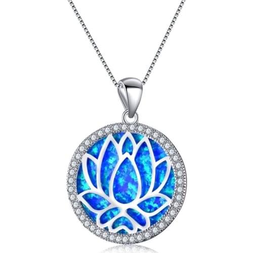 Carofeez Fashion Hollowed-out Lotus Necklace For Women Jewelry Imitation Fire Opal Pendant Necklace Girl Gift Blue/White/Pink