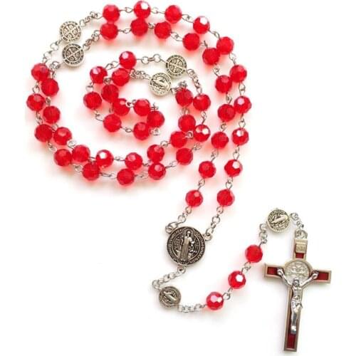 QIGO The Red Rosories Crystal Eamel Cross Catholic Necklace Long Saint Benedict Religious Jewelry For Women
