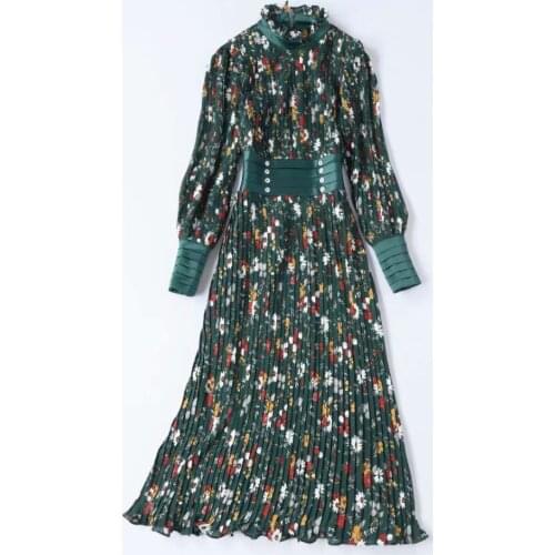 2021 Spring Summer Dress Green Pink Crew Neck Long Sleeve Empire Fashion Womens Dress