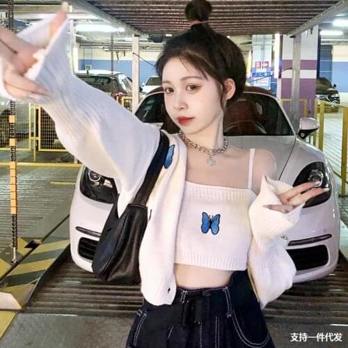 Vest-style 2021Korean sling butterfly embroidery shortsweater, womens spring and autumn new sweet fashion knitted cardigan coat