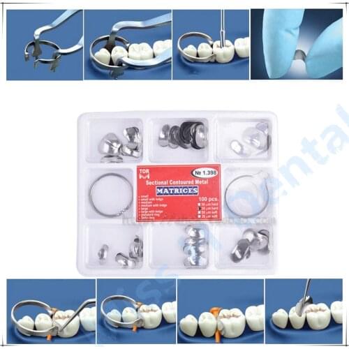 100Pcs Full Kit Dental Matrix Sectional Contoured Metal Matrices No.1.398 + 2 Rings
