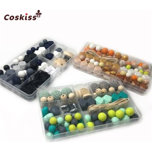 3 Boxes Baby Teether Toys Silicone Teething Kit Geometric Hexagon Silicone Crochet Beads Teething DIY Nursing Necklace