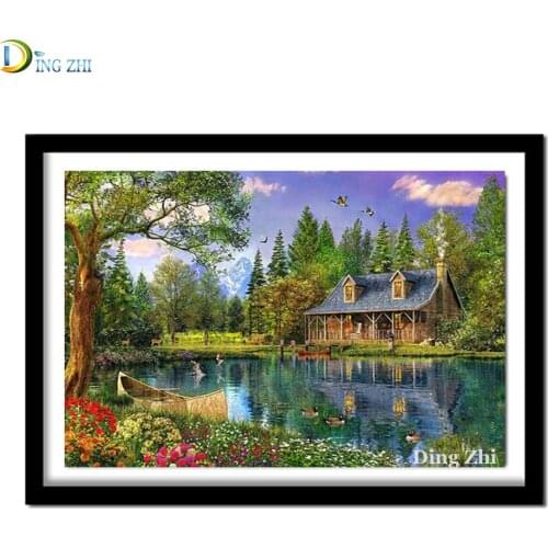 5D Diy Diamond Painting Nature Landscape Country Cottage By The Lake Cross Stitch Full Drill Diamond Embroidery For Room Decor