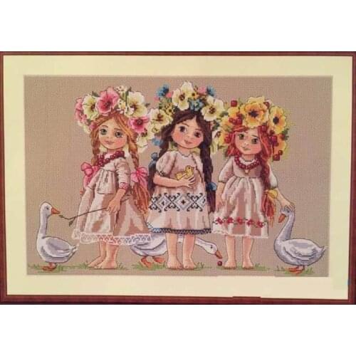 Top Quality Beautiful Counted Cross Stitch Kit Three Flower Girls And Goose Duck Orient Girl Lady Woman