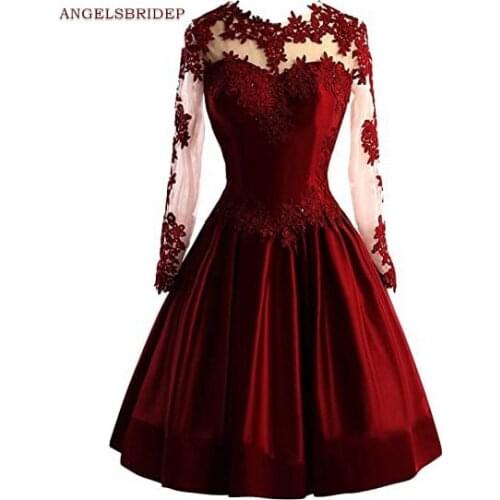 Long Sleeves A-Line Satin Short Prom Graduation Party Gowns With Appliques Mini Length Back See Through Homecoming Dresses 2021