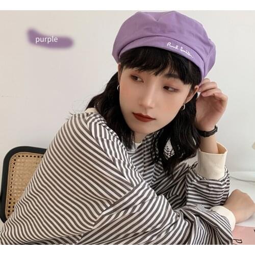 Beret Women Spring / Autumn Purple Blue Black Beige Orange Hat Thin Korean Fashion Letter Painter Hat Octagonal Hat