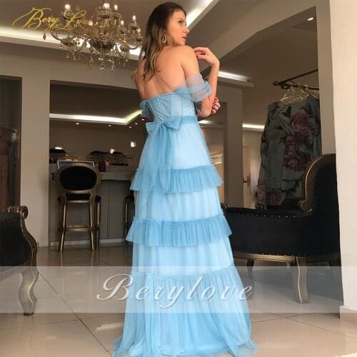 Berylove A line Layers Prom Dress off Shoulder Sweetheart Long Party Dress Pleated Tulle Evening Dresses Vestidos Party Gown