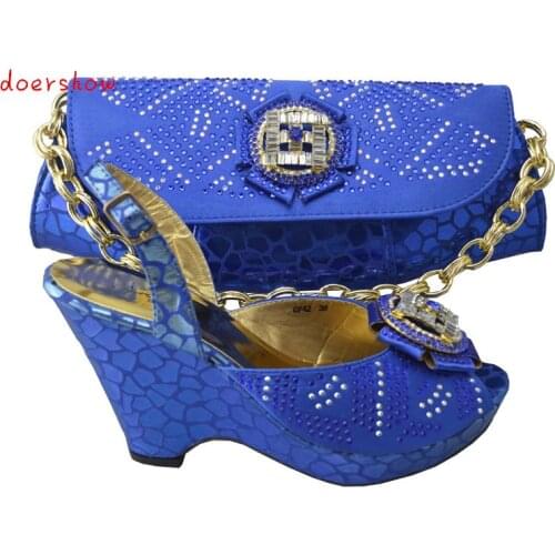 Doershow royal blue!free shipping african shoes and bags set for wedding,ladies pumps high heel with toe bag set! HP1-42