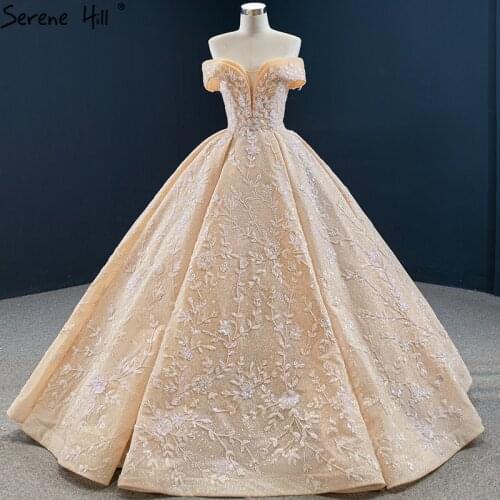 Dubai Gold Off Shoulder Design Wedding Dresses 2021 Handmade Flowers Beading Sexy Bridal Gowns HM67135 Custom Made