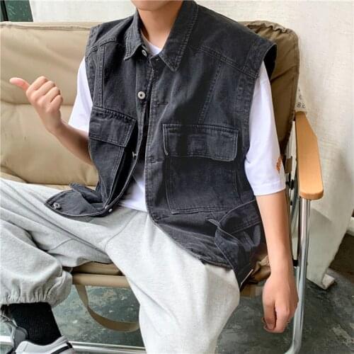 Denim Vest Summer Overalls Loose Black Blue Jacket Trend Hiphop Streetwear Sleeveless Outerwear Casual Mens Clothes Washed Vest