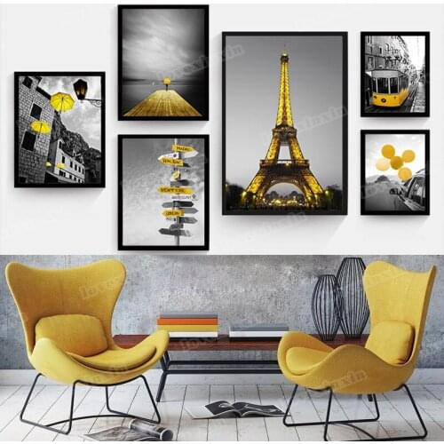 Geel Stijl Landschap Picture Home Decor Nordic Canvas Schilderij Wall Art Print Zwart-wit Achtergrond Landschap Voor Woonkamer