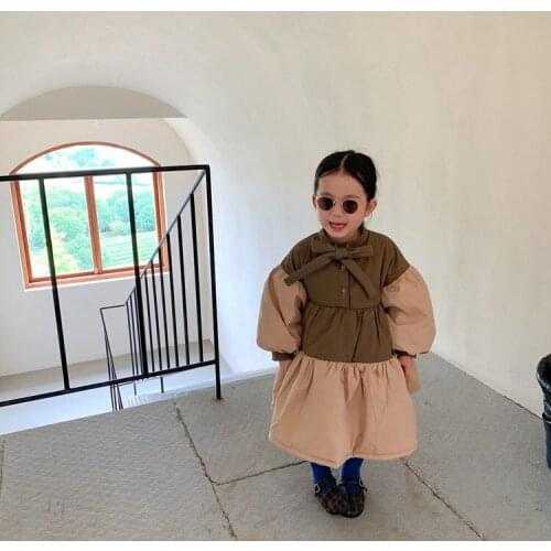 2021 Korea style girls patchwork dress fashion cotton winter girls dresses kids clothes 1-7 years