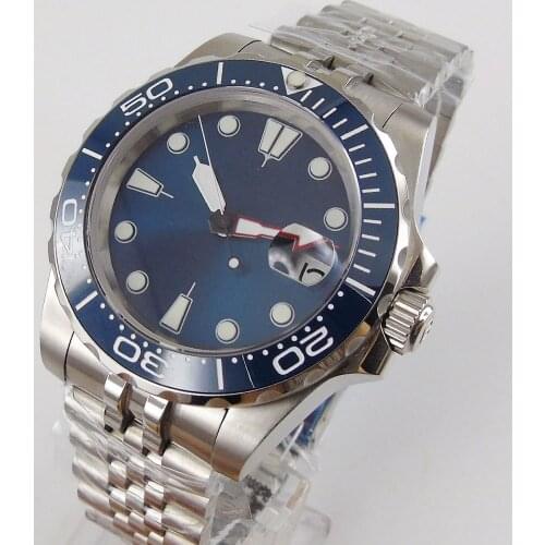 Blue Dress SUNBURST 21 Jewels MIYOTA 8215 Mechanical Men Wristwatch Unidirectional Rotaitng Bezel Date Metal Band