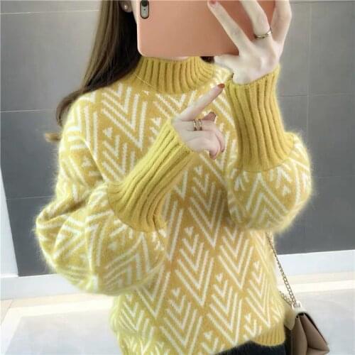 New Autumn Winter Sweater Women Pullover Korean Lantern Sleeve knitted Sweater Short Half Turtleneck Sweaters Ladies Tops Q1032