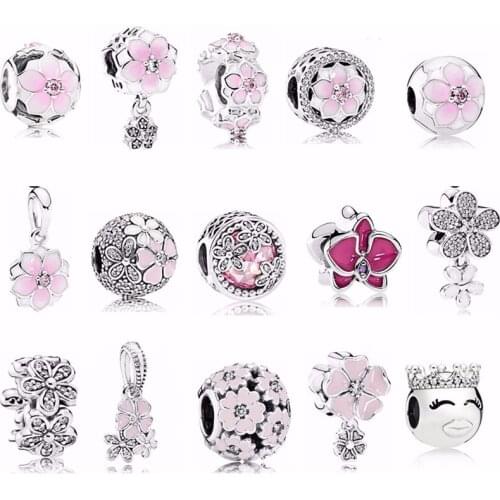 New Style Pink Flower Beaded Charm Silver Bracelet DIY Women Jewelry