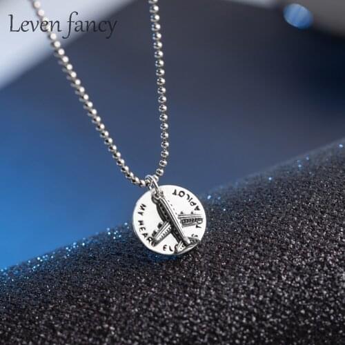 Round Medal Pendant Aircraft Necklace For Female 925 Sterling Silver Retro Airplane Thai Silver Letters Ball Bead Chain Necklace