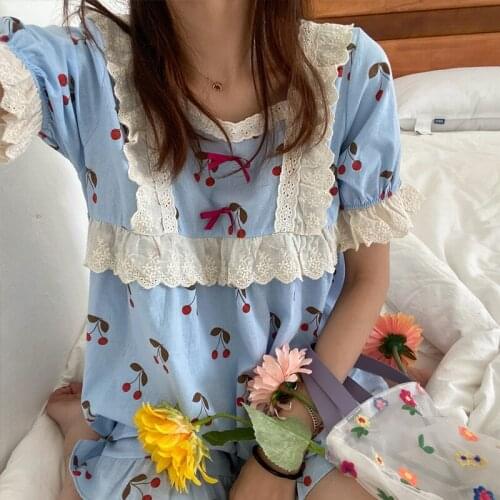 Womens Sleepwear Lace Cartoon Print Short Set Pajamas For Women Pajama Set Sweet Short Sleeve T Shirts & Shorts Summer Pijama
