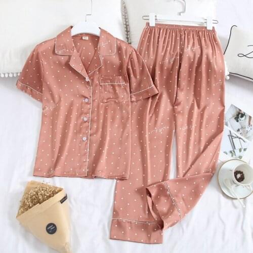 Summer New Women Short Sleeve Pajamas Ice Silk Polka Dot Print Fashion Pyjamas Set